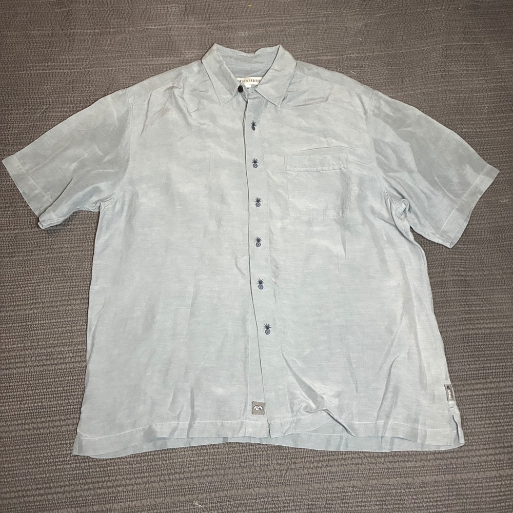 Quiksilver Edition Mens Large Silk Linen Shirt Blue Pineapple Embroidered
